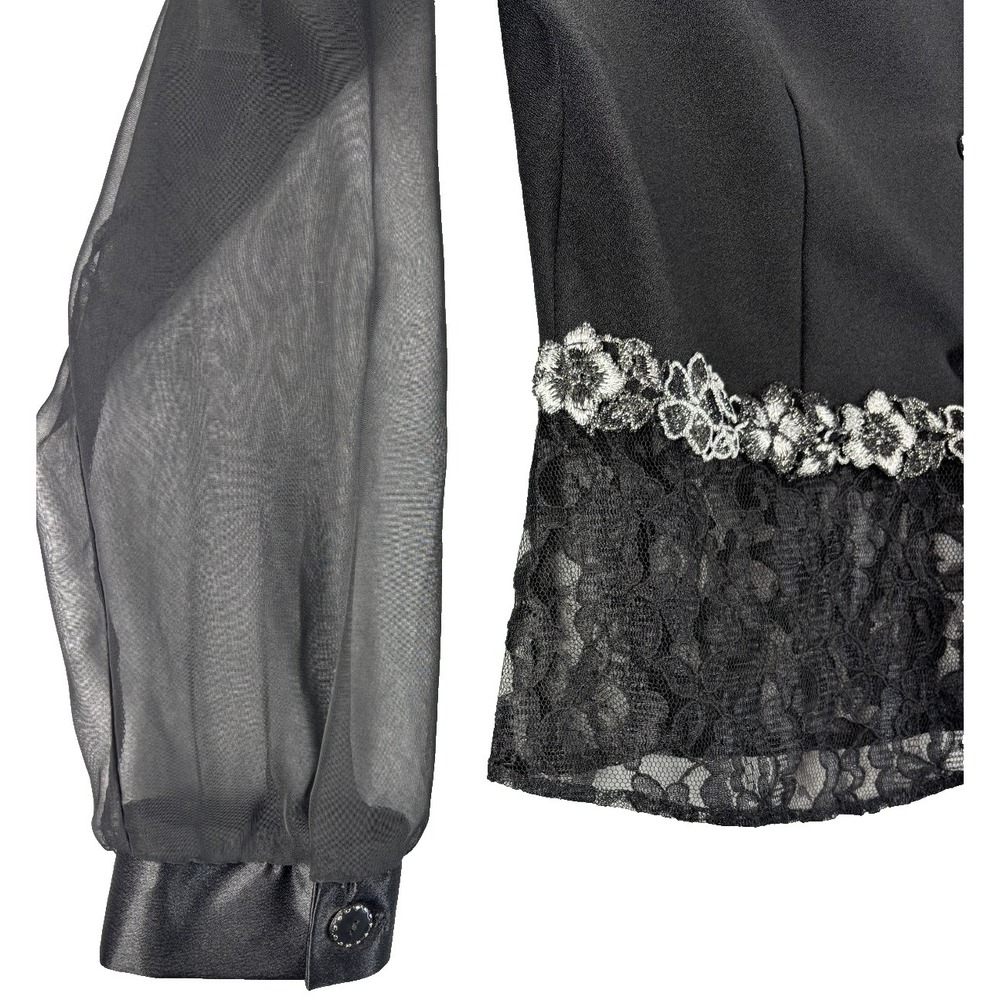 Vintage 80's 90's Sheer Black Top Jacket Lace Silver Metallic Goth Glam size 12 - Picture 6 of 15